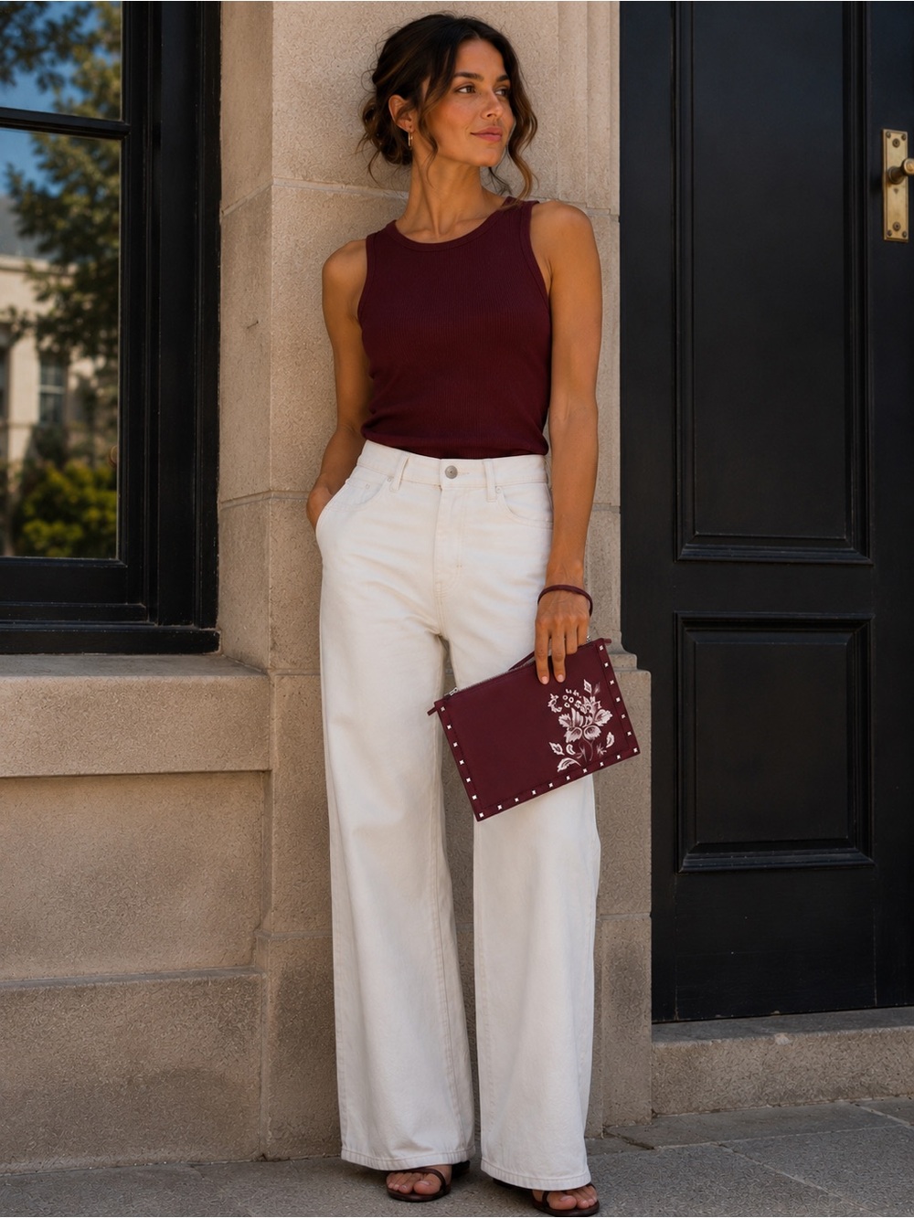 WHBM White House Black Market Burgundy Floral Studded Envelope Bag Wristlet NWT